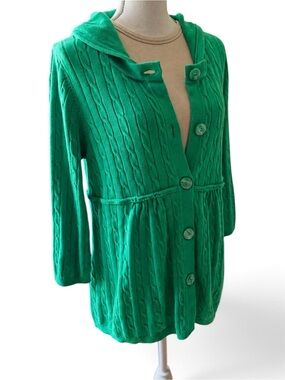 LOFT XL Kelly Green Cable Knit Hooded Cardigan Sweater
